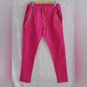 NWT ITALIAN Cotton Cropped Ankle Pants Hot Pink Pockets with Embroidered Trim